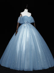 Gray blue tulle lace long prom dress, gray blue tulle evening dress