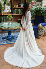 A-line V-neck embroidered lace chiffon and floor length wedding dress