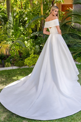 Satin off shoulder collar tight corset and floor length wedding dress