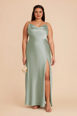 Fully lined pleated neckline with slit and floor length bridesmaid dress