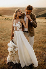 A-line Beach See Through Floor Length Rustic Bridal Dresses Wedding Dresses