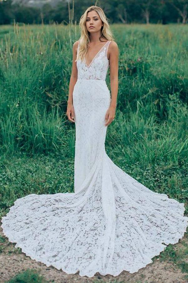 Mermaid V-Neck Sleeveless Ruched Backless Lace Wedding Dress With Court Train