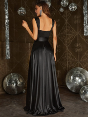 Black A-line square neck sleeveless satin and floor length formal dress