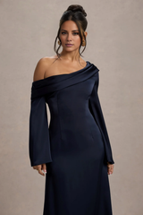 Satin asymmetrical flared sleeves and floor length evening dress - Jimiss dress