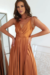 Thin shoulder strap V-neck open back side slit and floor length Prom dress - Jimiss Dress