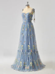 A-line Sleeves Straps Embroidery Tulle Prom Dress