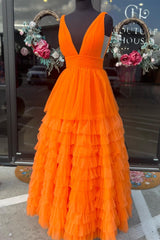 Multi-Tiered Lavender Plunge Neck A-Line Long Prom Dress