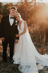 A-line Simple Elegant V Neck Ivory Satin Wedding Dresses