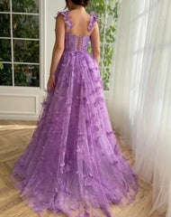 Long Tulle Prom Dress with 3D Butterflies Floor Length Formal Evening Party Gowns for Women Lace Applique