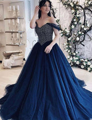 A Line Off The Shoulder Navy Blue Prom Dresses Long With Beading