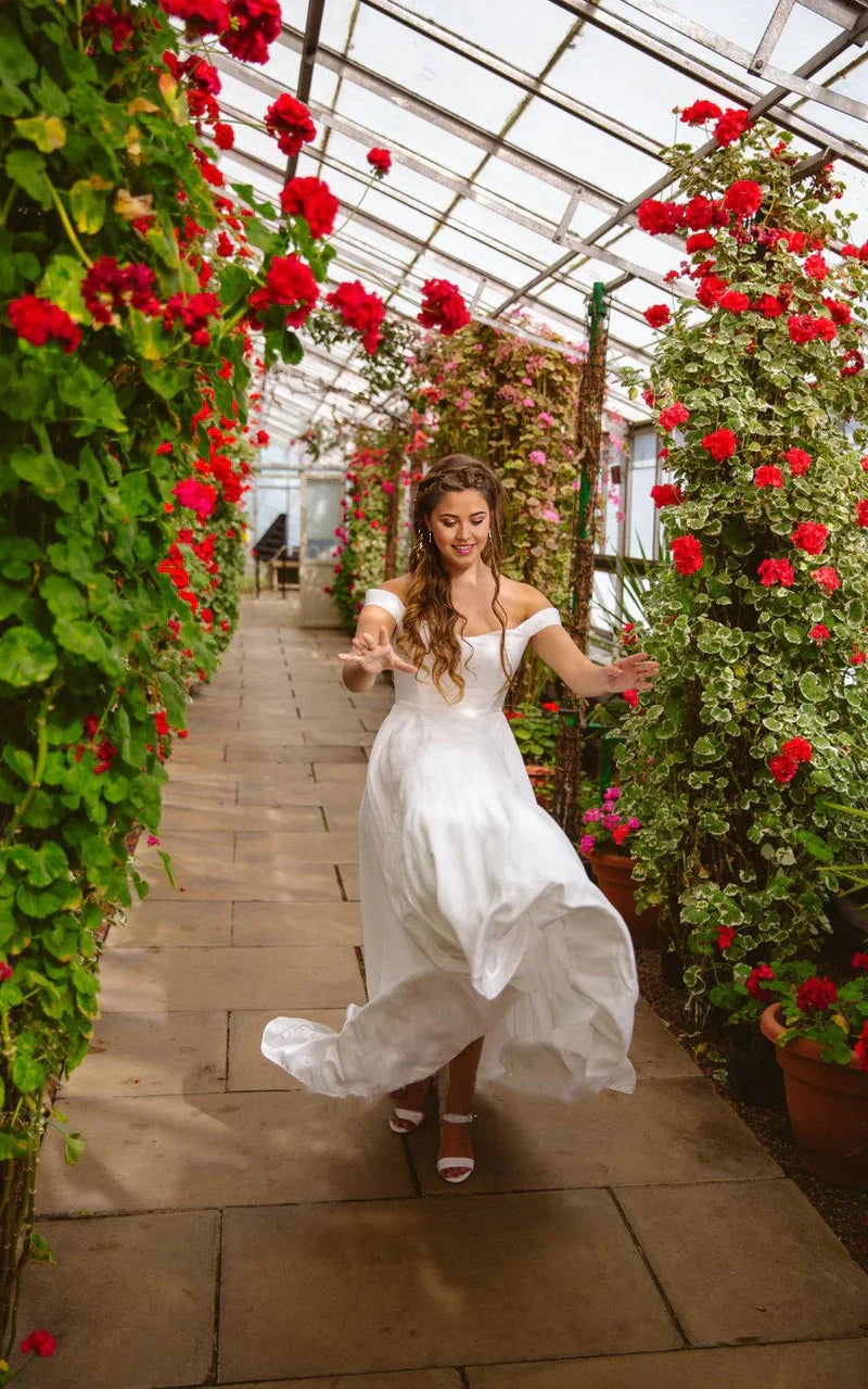A-line Off the Shoulder Sleeveless Simple Satin Wedding Dress