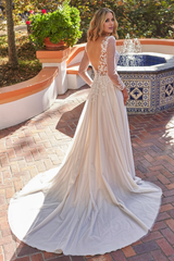A-line high illusion V-neck long sleeved and floor length wedding dress