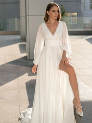 A-Line Boho V Neck Long Sleeve Wedding Dress