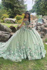 Elegant Sage Green Applique Off-the-shoulder Sweet 16 Quinceanera A-Line Floor-length Prom Dress Birthday Dress Evening Dress Ball Gown HZ1024