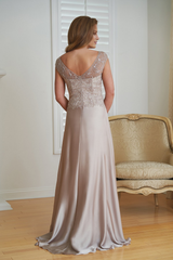 Boat neck V-shaped back bead embroidery and ground length mother of bride dresses