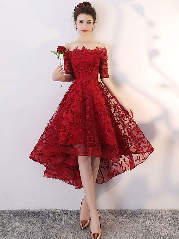 Burgundy lace high low prom dress, burgundy homecoming dress
