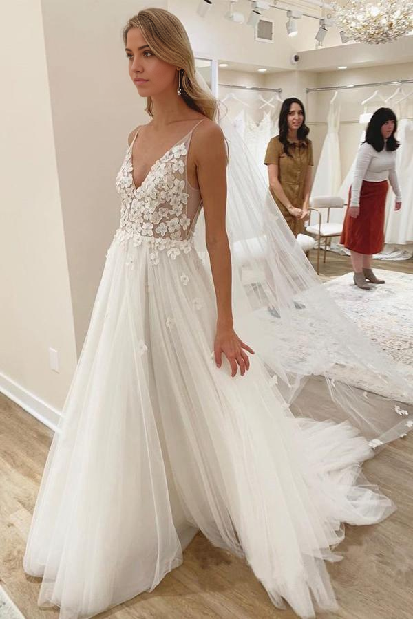 A-Line V-Neck Sleeveless Ivory Floral Wedding Dress