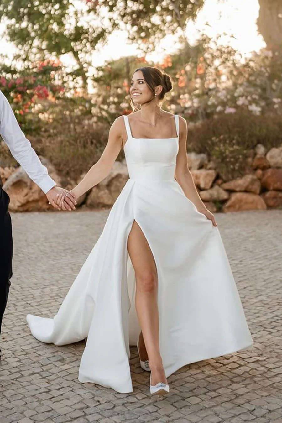 A Line Square Neck Satin formal dress evening gown Long Prom Dresses Wedding Dresses with Slit