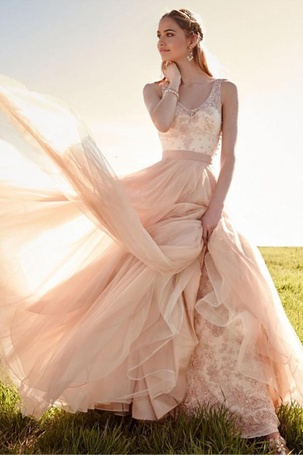 Romantic V Neck Blush Pink Lace Detachable Skirt Bridal Dresses Wedding Dresses