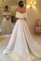 A-Line Off-the-Shoulder Sweep Train Satin Wedding Dresses with Ruffle