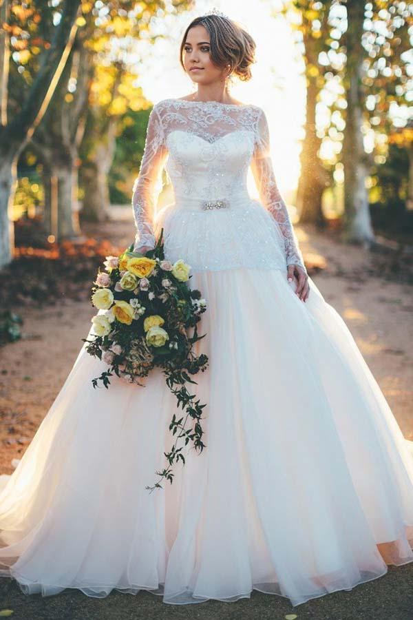 A-line Long Sleeves Organza Ball Gown Wedding Dress with Beading Lace