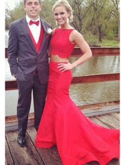 Elegant 2 Pieces Mermaid Sweep Train Lace Red Prom Dress, 2 Pieces Formal Dress