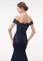 Stretch Satin Off-the-shoulder Navy Mermaid Beading Evening Dress