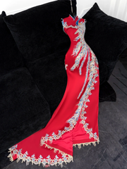 Gorgeous Shiny Red Beaded Sequined Embroidery Design Mermaid Prom Dress Evening Dress HZ1024