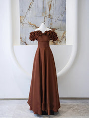 Brown Satin Off Shoulder A-line Prom Dress, Brown Satin Evening Dress Formal Dress