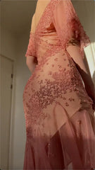 Vintage Pink Chiffon Sequin Prom Dress Sheath Off-the-shoulder Evening Dress Long Formal Dress HZ1024