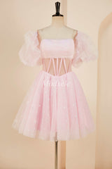Pink Tulle Strapless A-Line Short Dress with Balloon Sleeves