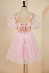 Pink Tulle Strapless A-Line Short Dress with Balloon Sleeves