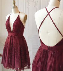 A Line V Neck Short Burgundy Lace Prom Dresses, Short Burgundy Lace Formal Homecoming Dresses