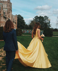 Custom Made A Line Yellow V Neck Prom Dresses, V Neck Formal Dresses, Yellow Graduation Dresses