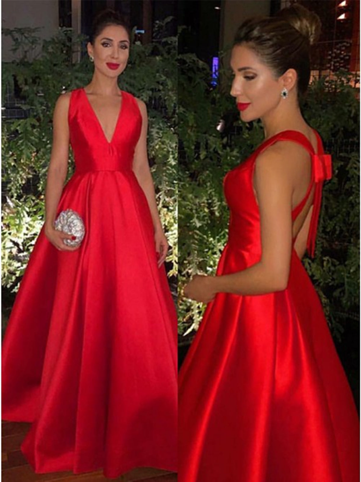A Line V Neck Red Long Prom Dress with Cross Back, Floor Length Red V Neck Evening Dresses Graduation Dresses
