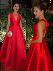 A Line V Neck Red Long Prom Dress with Cross Back, Floor Length Red V Neck Evening Dresses Graduation Dresses