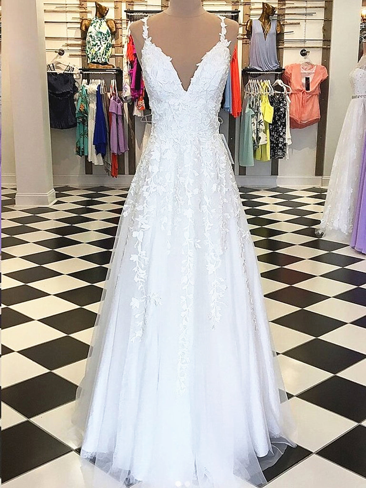 A Line V Neck White Lace Prom Dresses, White Lace Formal Graduation Bridesmaid Dresses
