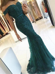 Emerald Green Off Shoulder Mermaid Lace Prom Dress, Emerald Green Green Formal Dress, Lace Bridesmaid Dress