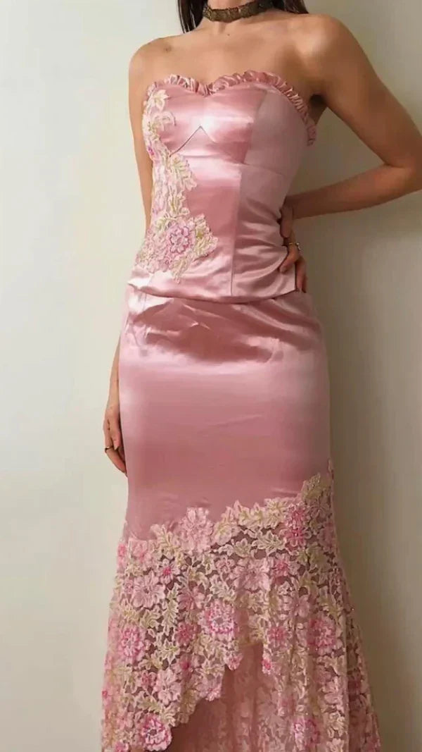 Lovely Pink Two Pieces Strapless Sheath Satin Long Party Dress Birthday Outfits, HZ0319