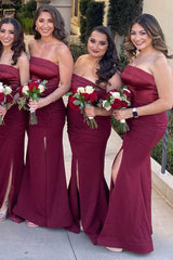 Burgundy Satin Strapless Long Bridesmaid Dress with Slit