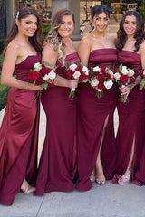 Burgundy Satin Strapless Long Bridesmaid Dress with Slit