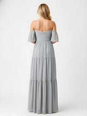 Off-Shoulder Tiered Chiffon Maxi Dress with Slit Dusty Blue