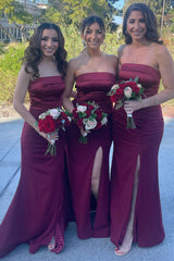Burgundy Satin Strapless Long Bridesmaid Dress with Slit