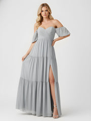 Off-Shoulder Tiered Chiffon Maxi Dress with Slit Dusty Blue