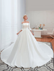 3/4 Sleeve Satin Aline Wedding Dress With Chapel Train