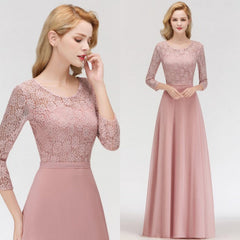 3/4 Sleeves Floral Lace Chiffon A-line Bridesmaid Dress Dusty Rose