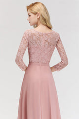 3/4 Sleeves Floral Lace Chiffon A-line Bridesmaid Dress Dusty Rose