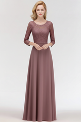 3/4 Sleeves Floral Lace Chiffon A-line Bridesmaid Dress Dusty Rose