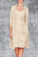 3/4 Sleeves Knee Length Ruffle Chiffon Mother of the Bride Outfits with Lace