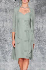 3/4 Sleeves Knee Length Ruffle Chiffon Mother of the Bride Outfits with Lace